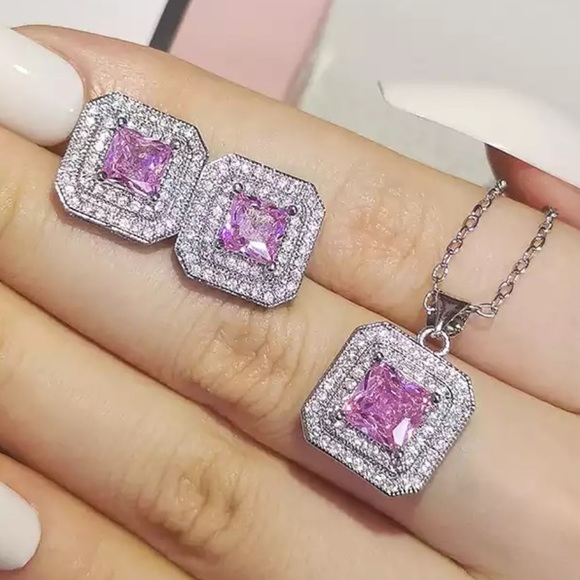 New 925 Silver Earrings&Necklace Sapphire Set - Picture 2 of 2